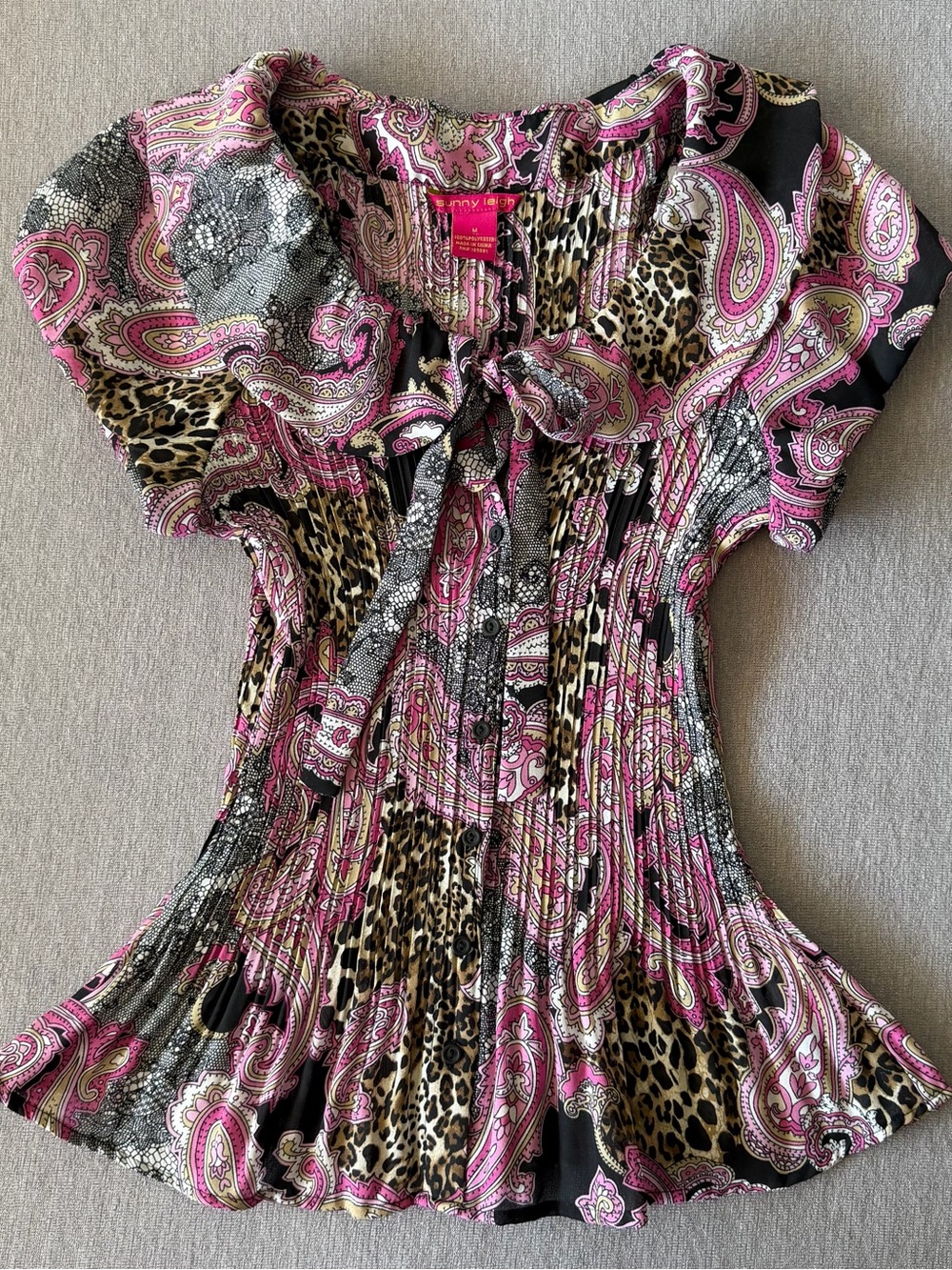 Sunny Leigh Pink & Black Paisley Leopard Print Tie-Neck Blouse